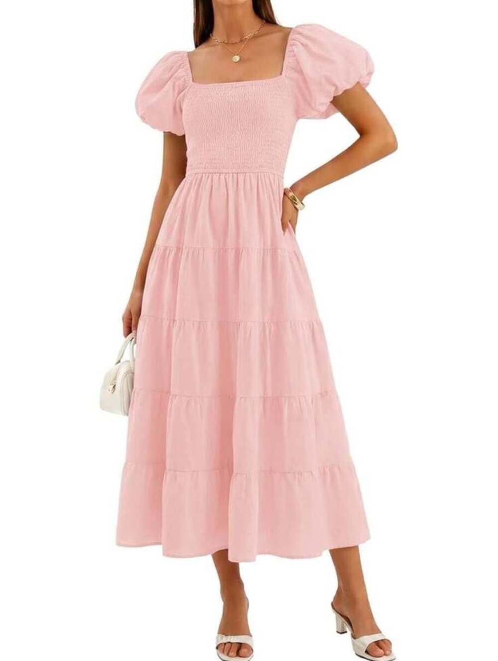 Women's Pink Puff-Sleeve Tiered Midi Dress